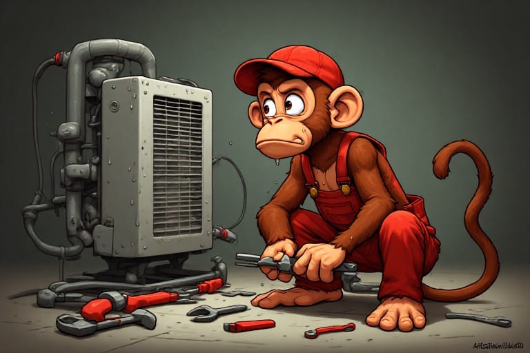 A sweaty cartoon monkey, dressed as a mechanic, looking at an air-conditioning unit, with tools