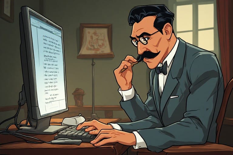 A 2d Cartoon Image of a 1920's Gent, sat at a PC. The cartoon is AI generated, so he has 3 arms!