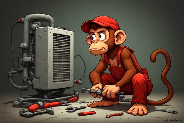 A sweaty cartoon monkey, dressed as a mechanic, looking at an air-conditioning unit, with tools